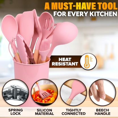 12 Pcs Pink Cooking Utensils Set with Holder for Nonstick Cookware | Silicone Kitchen Utensils Set for BBQ; Heat-Resistant Tools with Wooden Handles for Baking, Serving, Frying, and Mixing - color: Pink