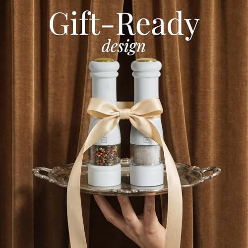 Styled Settings Electric Salt and Pepper Grinder Set, White | Automatic White and Gold Electric Salt and Pepper Shakers with Wood Base, LED Light, Battery Operated, Adjustable Coarseness - color: White