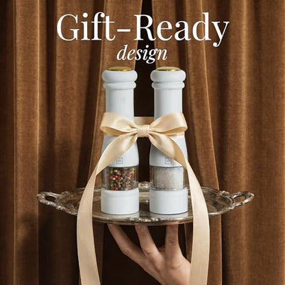 Styled Settings Electric Salt and Pepper Grinder Set, White | Automatic White and Gold Electric Salt and Pepper Shakers with Wood Base, LED Light, Battery Operated, Adjustable Coarseness - color: White