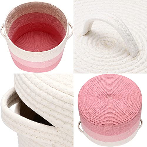 Sea Team Large Woven Cotton Rope Laundry Basket with Lid, 20 x 16 in | Collapsible Knitted Hamper with Handles, Lidded Closet Shelf Organizers for Clothing, Blankets, Toys, Bedding, Pink - color: White & Pink