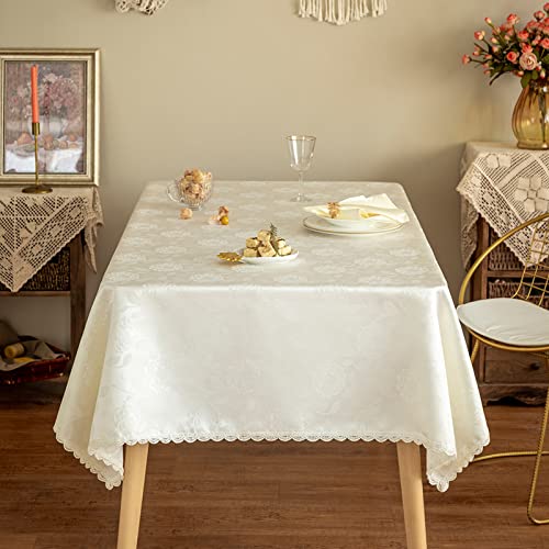GLORY SEASON Rose Jacquard Textured Tablecloth Waterproof Spillproof Lace Trim Rectangle Table Cloth, Oblong Table Cover for Kitchen Dinning Tabletop Decor,60x120 Inch,Ivory White - size: 120" x 60" (Rectangular)