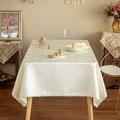 GLORY SEASON Rose Jacquard Textured Tablecloth Waterproof Spillproof Lace Trim Rectangle Table Cloth, Oblong Table Cover for Kitchen Dinning Tabletop Decor,60x120 Inch,Ivory White - size: 120" x 60" (Rectangular)