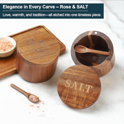 Salt Cellar, 2PCS Salt Container Acacia Wood Salt and Pepper Box for Countertop with Built-in Spoon & Swivel Lid, Wood Salt Holder Bowl for Kitchen, Seasoning Storage (Rose & SALT Engraving) - color: Acacia Wood SALT and Rose Set