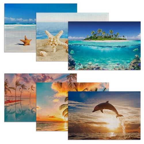 6 Pcs Palm Tree Beach Table Mats,Starfish Ocean Placemats Waterproof Washable, Kitchen Table Decoration Placemats Modern Holiday Kitchen Table Decoration(12""x18""Linen), ZHN-CDXF-059423 - color: Palm Tree Beach,starfish Ocean