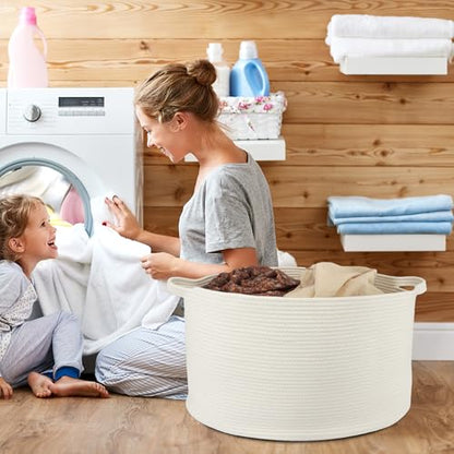 XUANGUO Extra Large Cotton Rope Round Storage Basket 22" x 14" White | Woven basket for blankets, toys, towels, laundry, nursery, living room and pet toy storage. - color: white