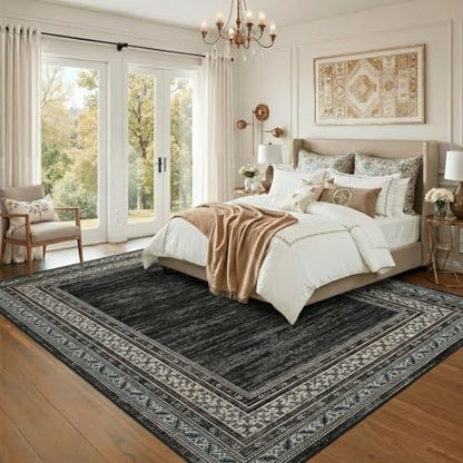 Modern Solid Area Rug 5x7 Washable Non Slip Neutral Rugs for Living Room, Non-Shedding Stain Resistant Bordered Throw Carpet, Neutral Foldable Floor Rugs for Bedroom Dining Table, Black | Non Slip Neutral Border Non Shedding Stain Resistant Low Pile Folda