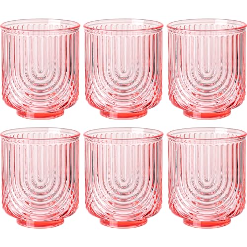Pink Vintage Drinking Glasses Set of 6-15oz Hand-Blown Highball Ribbed Glassware, Arch Design Cocktail Glasses for Whiskey Water Beverages Ice Coffee Juice Milk - color: Pink, size: 15oz