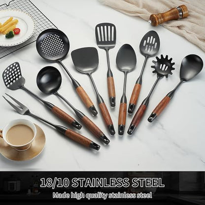 Izurok18/10 Stainless Steel Kitchen Utensils Set,10 Piece Cooking Utensils With Wood Handle,Heat Resistant Kitchen Tool Set With Spatula,Spoon,Ladle,Skimmer,Slotted Turners,Pasta,Turner,Ladl,Fork - color: BLACK-10 Pieces, size: Large