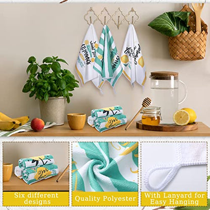 Redbaker 6 Pcs Lemon Kitchen Towels with Hanging Loop | Decorative Absorbent Hand Tea Cloths with Hanging Loop, Lemonade Design for Kitchen Decor, Ideal Housewarming Gift Choice - style: Lemon