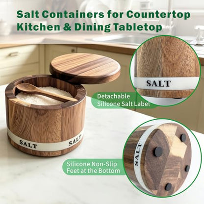 ThougrLyh Salt Cellar, Acacia Wood Salt Containers with Lid for Countertop | Built-in Spoon, Magnetic Swivel Lid, Luminous Engraved SALT Label Holder, 6oz Kitchen Salt Box for Sea Salt, Pepper & Spices - color: salt cellar