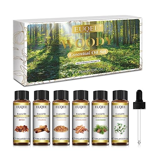 EUQEE 10ml Woody Essential Oils Set - Pure & Nature Essential Oils for Aromatherapy, Diffuser, Candle Making, Massage - Eucalyptus, Cedarwood, Sandalwood, Frankincense, Cinnamon | Pure & Nature Essential Oils for Aromatherapy - Eucalyptus, Cedarwood, Sand