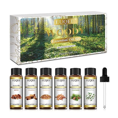 EUQEE 10ml Woody Essential Oils Set - Pure & Nature Essential Oils for Aromatherapy, Diffuser, Candle Making, Massage - Eucalyptus, Cedarwood, Sandalwood, Frankincense, Cinnamon | Pure & Nature Essential Oils for Aromatherapy - Eucalyptus, Cedarwood, Sand