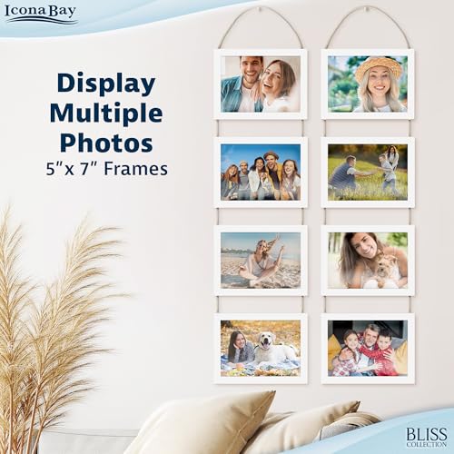 5x7 Hanging Picture Frames Collage with 8 Openings - Winter White, 2 PK | Icona Bay casual style engineered wood frames, designed for wall hanging, space-saving photo display, Bliss collection - color: Winter White, size: 5x7