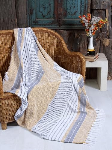 Handwoven Cotton Boho Throw Blanket with Tassels – All Season Throw for Decorative Luxury in Living Room or Bedroom, Soft Cozy Couch Sofa Bed Blanket, 50x60 Inches (Diamond Mustard) - color: Diamond Mustard