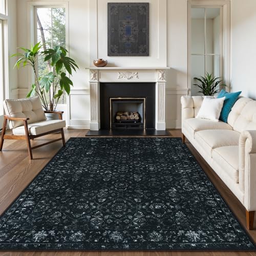 Hedlive Vintage Washable Black Rugs for Bedroom, Ultra-Thin Soft 6x9 Area Rugs for Living Room Non Slip, Stain Resistant Boho Carpet Rug for Dining Room Office (6'x9', Black) - color: Black, size: 6' x 9' (Rectangular)