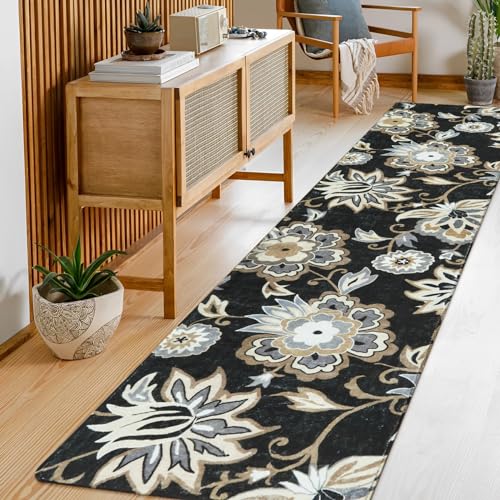 Lahome Floral Black Runner Rug - 2x8 Kitchen Runners Non Skid Washable 8 Ft Non-Slip Stain Resistant Long Runner Rugs for Hallway, Paisley Print Accent Ultra-Thin Runners for Bedroom Entryway Foyer | Non-Slip Stain Resistant Long Runner Rug for Hallway, P