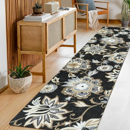 Lahome Floral Black Runner Rug - 2x8 Kitchen Runners Non Skid Washable 8 Ft Non-Slip Stain Resistant Long Runner Rugs for Hallway, Paisley Print Accent Ultra-Thin Runners for Bedroom Entryway Foyer | Non-Slip Stain Resistant Long Runner Rug for Hallway, P