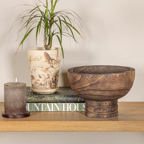 Creative Co-Op Round Paulownia Wood Pedestal Bowl, Marbled Brown Finish - color: Charred Brown