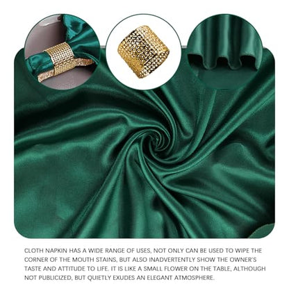 12 Pack Cloth Napkins and Gold Napkin Rings Set of 6, 17x17 Bling Trim Satin Cocktail Napkins Cloth Washable Personalized Dinner Napkins for Wedding Party Holiday Decorative | 17x17 Inch Personalized Green Napkins Set, Washable Fancy Dinner & Cocktail Nap