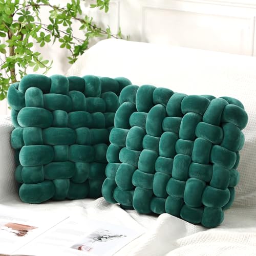 Wenqik 2 Pcs Knot Pillows Square Knotted Plush Throws Soft Accent Pillows Decoration Cushion for Couch Home Office Living Room Bedroom Bed Sofa Decor, 12'' x 13''(Dark Green,Crystal Velvet) - color: Dark Green