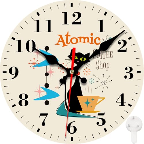 Wall Clocks Battery Operated, Mid Century Atomic Black Cat Silent Non Ticking Decorative Indoor Outdoor Wall Clocks for Living Room Kitchen Bedroom Bathroom 12" - color: Mid Century Atomic Black Cat