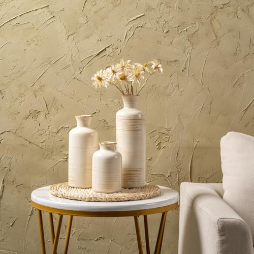 Ceramic Vases Set of 3, Minimalist Decorative Flower Vases for Farmhouse Home Decor, Table Shelf Mantel, Living Room, Entryway, Kitchen Centerpiece – Minimalist Neutral