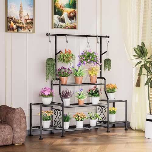 GIOTORENT 3-Tier Tall Metal Plant Stand Indoor Outdoor - Heavy Duty Plant Shelf for Garden, Patio, Balcony with 5 Hanging Hooks, Holds 16-25 Plants, Black - size: D-3Tier-Longer
