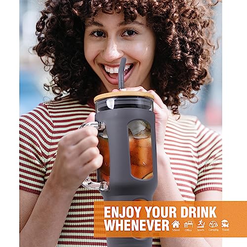 WINSA Glass Tumbler with Lid and Straw, Grey, 46 oz | Iced Coffee Cup with Handle, Large Water Bottle with Silicone Sleeve, Pearl Straw & Drinking Straw, BPA Free - color: Gray, size: 46 Ounces