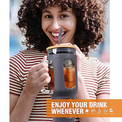 WINSA Glass Tumbler with Lid and Straw, Grey, 46 oz | Iced Coffee Cup with Handle, Large Water Bottle with Silicone Sleeve, Pearl Straw & Drinking Straw, BPA Free - color: Gray, size: 46 Ounces