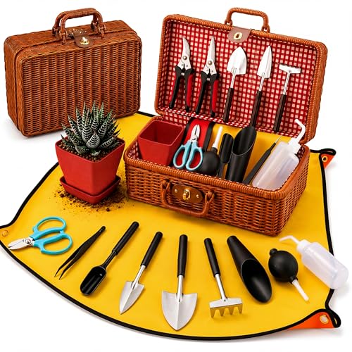 Repotting Mat and Planting Tools, Indoor Plants, Wicker Basket | All-in-one succulent repotting set, pruning shears, snap-corner mat, wicker storage, indoor gardening gift set