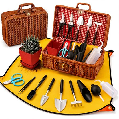 Repotting Mat and Planting Tools, Indoor Plants, Wicker Basket | All-in-one succulent repotting set, pruning shears, snap-corner mat, wicker storage, indoor gardening gift set