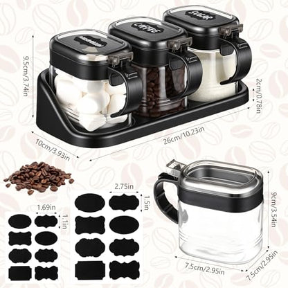 3 Pcs Sugar Coffee Container Set 16 oz Glass Condiment Jar Spice Container Coffee Station Organizer Set with Lable Stickers Scoop for Bean and Sugar Candy, Oats, Nuts (Black) - color: Black