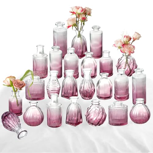 Bud Vases 24 in Bulk, Small Purple Vase Glass Vases for Flowers Vintage Ribbed Colored Wedding Flower Vase for Decor in Bulk Decor Bridal Shower Centerpieces Home Table Decoration - color: Gradient Plum, size: 2 Packs