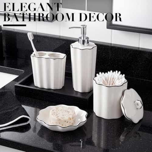 Zhehao Scalloped Bathroom Ceramic Accessories Set 4 Pcs Bathroom Accessory Sets with Toothbrush Holder Soap Dispenser Soap Dish Cotton Swab Jar Bathrooms Countertop Organizer (Black) - color: Black