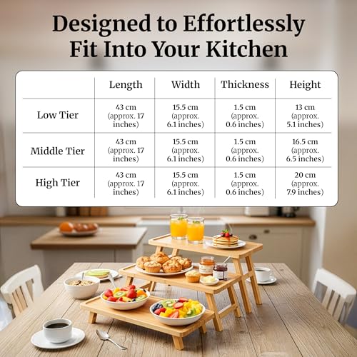3 Tier Serving Tray, Wooden Tiered Stand for Charcuterie | Tiered wooden food display for cupcakes, cheese and appetizers; ideal for dessert tables, parties, weddings and events.