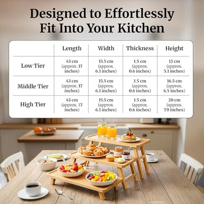 3 Tier Serving Tray, Wooden Tiered Stand for Charcuterie | Tiered wooden food display for cupcakes, cheese and appetizers; ideal for dessert tables, parties, weddings and events.