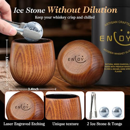 Charred Wooden Bourbon Drinking Glass Set with Whiskey Ice Stones & Tongs, 2 Pack 10oz Oak Wooden Bourbon Glass, Artisan Oak Whiskey Cups for Bourbon Lovers, Unique Whiskey Gift for Dad, Men, Husband