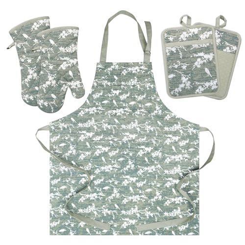 Oven Mitts and Pot Holders with Cooking Apron Set of 5, Heat Resistant Kitchen Gloves and Silicone Non-Slip Potholders, Adjustable Neck Buckle Chef Apron, Cotton Nice Design for Cooking (Aqua)… - color: Aqua