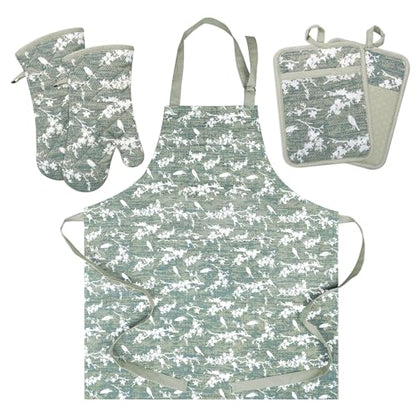 Oven Mitts and Pot Holders with Cooking Apron Set of 5, Heat Resistant Kitchen Gloves and Silicone Non-Slip Potholders, Adjustable Neck Buckle Chef Apron, Cotton Nice Design for Cooking (Aqua)… - color: Aqua