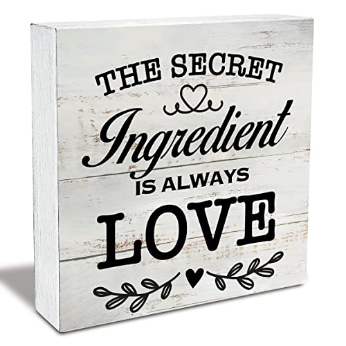 Secret Ingredient is Always Love Kitchen Quote Wood Box Sign Rustic Wooden Box Sign Farmhouse Home Kitchen Desk Shelf Decor (5 X 5 Inch) - color: white