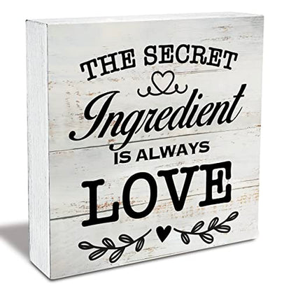 Secret Ingredient is Always Love Kitchen Quote Wood Box Sign Rustic Wooden Box Sign Farmhouse Home Kitchen Desk Shelf Decor (5 X 5 Inch) - color: white