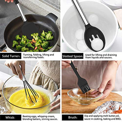 LIANYU 43 Pcs Kitchen Cooking Utensils Set, Silicone Cooking Utensils Spatula Set with Holder, Heat Resistant Kitchen Gadgets Tools for Nonstick Cookware Set, Stainless Steel Handle, Black - color: Black