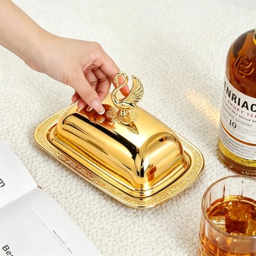 Stainless Steel Serving Tray with Lid for Fruit Desserts Snacks Candies | Serving Platte with Swan Handle Lid for Home Wedding Party Gatherings Dinners, Small Fruit Tray, Gold, 7.5"x 5.5" - color: Gold