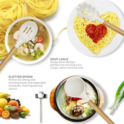 oannao Silicone Cooking Utensils Set - 446°F Heat Resistant Silicone Kitchen Utensils for Cooking,Kitchen Utensil Spatula Set w Wooden Handles for Non-Stick Cookware, BPA FREE (Cream White) - color: Cream White