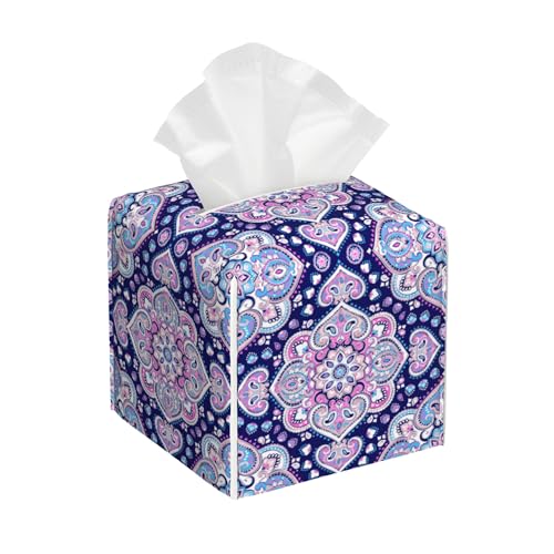 Boho Mandala Flower Tissue Box Cover Square,Indian Paisley Floral Tissue Box Holder Waterproof Leather Facial Paper Organizer Dispenser for Bathroom Home Car Nightstand Vanity Desk - color: Color-3