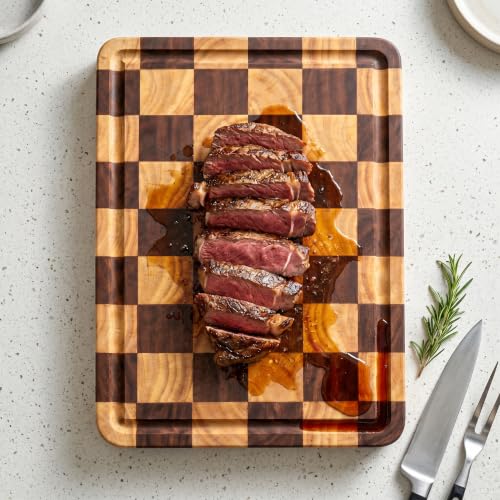 Checkered Cutting Board for Kitchen, 15"x10.4"x1.2" End Grain Cutting Board, Solid Ebony and Rubberwood Butcher Block Cutting Board with Juice Groove, Reversible Wooden Charcuterie Board