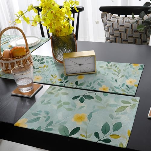 Table Runner and Placemats Set of 6 Flowers Leaves Decorative Dining Table Runner with Matching Placemats Spring Pastoral Table Decor for Kitchen Dining Room and Everyday Use 13x70in - size: 13"x70"+6pcs