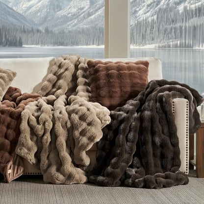 Faux Rabbit Fur Bubble Throw Blanket, 50"x60", Greige | Ultra Soft, Luxury Faux Rabbit Fur Throw, Thick Warm Bubble Blanket, Cozy Fluffy Reversible, for Bed, Couch, Chair, Sofa - color: Greige, size: 50"x60"