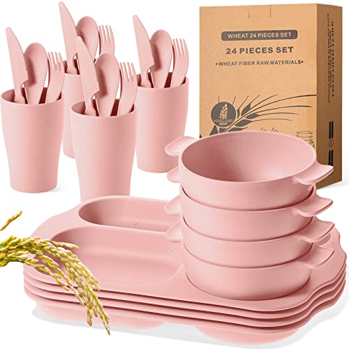 Honoson 24 Pcs Wheat Straw Dinnerware Cutlery Set, Service for 4, Unbreakable Plates and Bowls Set - Divided Plates, Bowls, Spoons, Forks & Knives, Microwave & Dishwasher Safe(Pink) - color: Pink
