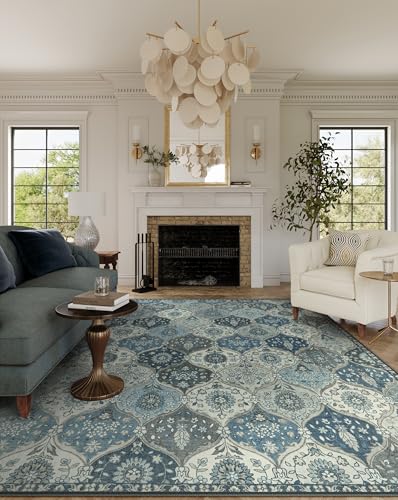 Lahome Moroccan Washable Rugs 9x12, Soft 9x12 Area Rug for Living Room | Bedroom Trellis Ultra-Thin Non-Slip Non Shedding Distressed Throw Large Carpet for Dining Room Office Elise, Blue - color: Dusty Blue Grey, size: 9' X 12' (Rectangular)